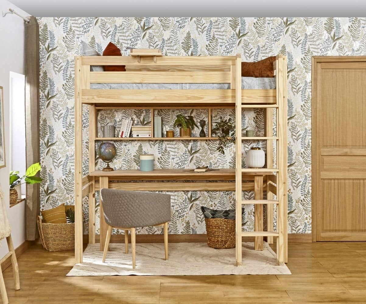 Lit mezzanine enfant avec matelas Cancun Bois naturel 90x190 cm/Opt:Echelle grand côté