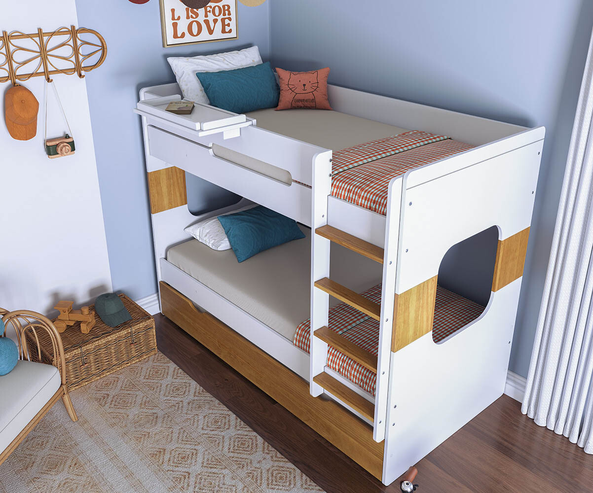 Lit superposé enfant avec tiroir Spark Blanc et noisette 90x190 cm/Opt:Tiroir de lit noisette
