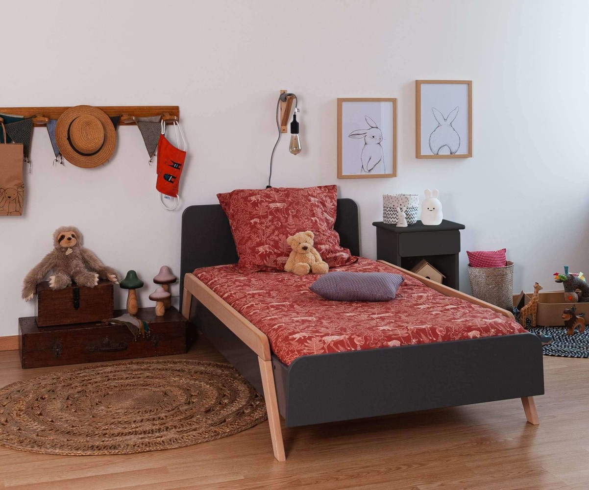 Lit enfant avec barrières sommier et matelas Ozzo Gris anthracite et hêtre 90x190 cm/Opt:Matelas Airfresh 15 cm