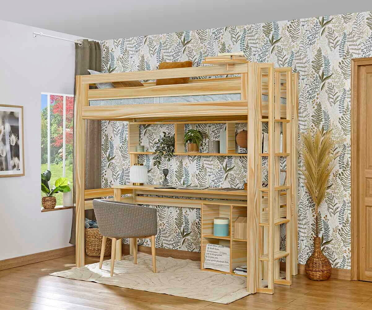 Lit mezzanine enfant 2 places avec bureau Cancun Bois naturel 120x190 cm/Opt:Echelle petit côté