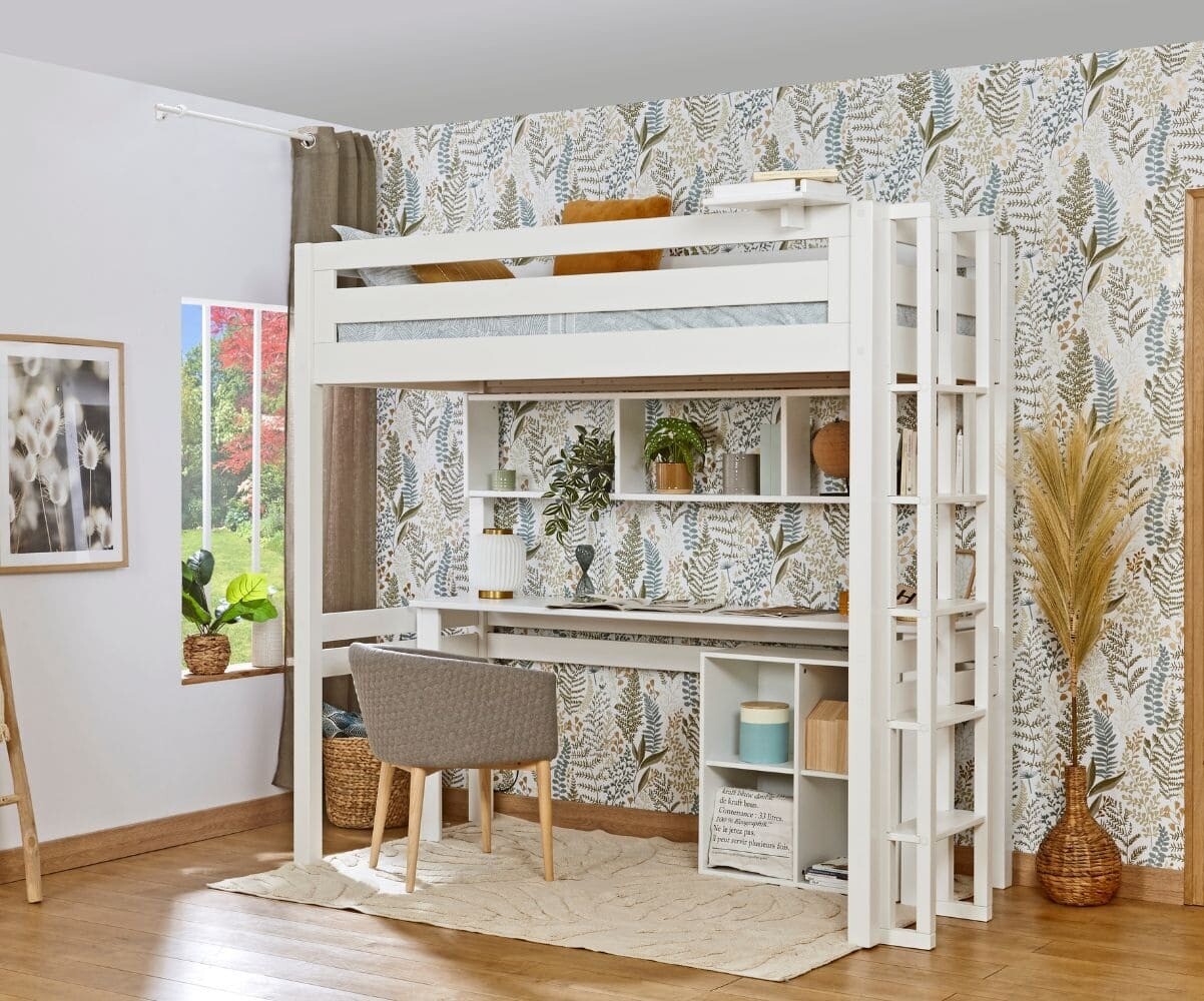 Lit mezzanine enfant 2 places avec bureau Cancun Blanc 120x190 cm/Opt:Echelle petit côté