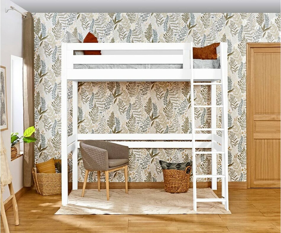 Lit mezzanine Fynn blanc avec échelle sur la longueur