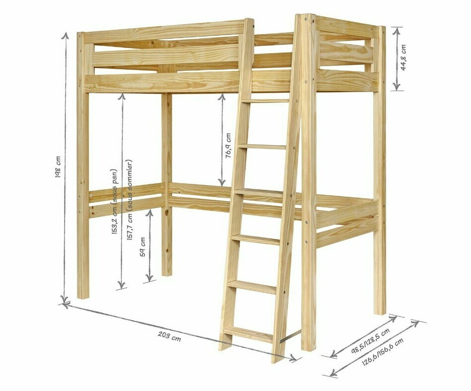 Dimensions lit mezzanine Fynn 90x190 - échelle grand côté