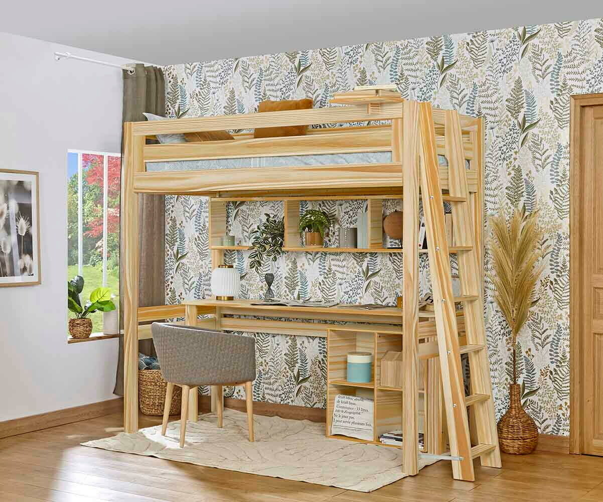PROMO ! Lit mezzanine enfant avec bureau Fynn Bois naturel 90x190 cm/Opt:Echelle petit côté