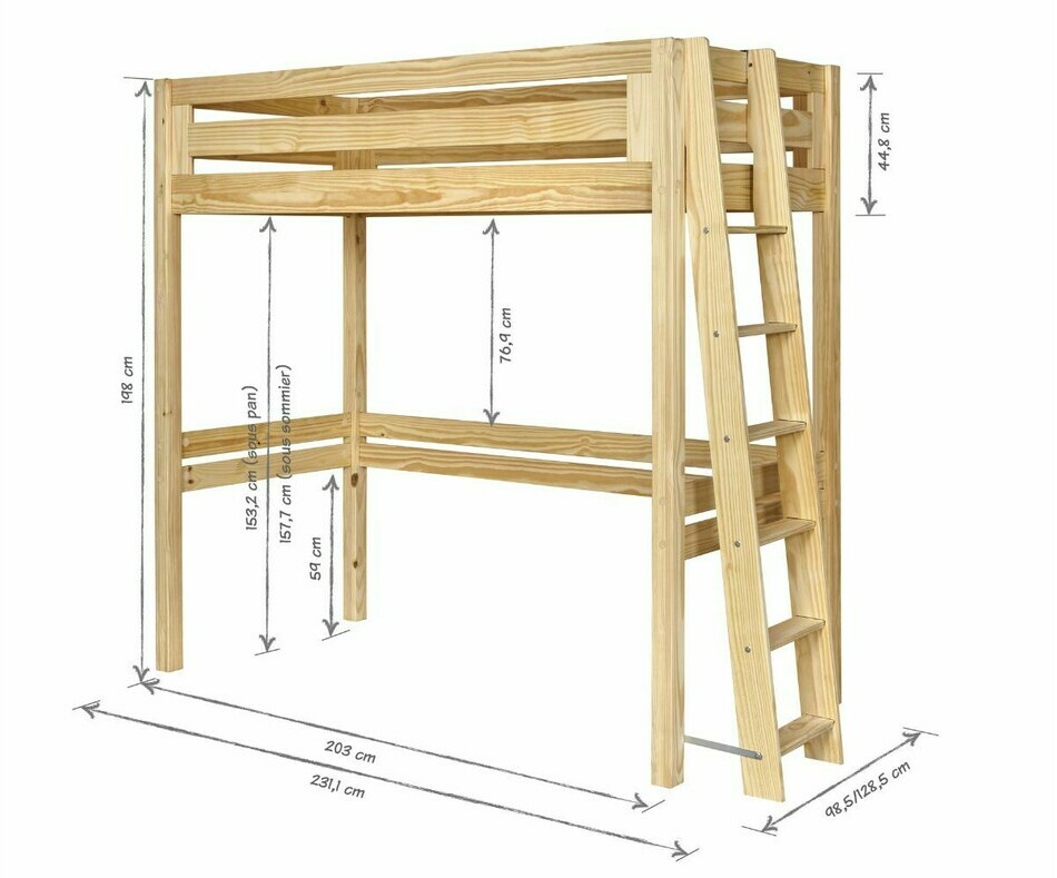 Dimensions lit mezzanine Fynn 90x190 - échelle petit côté