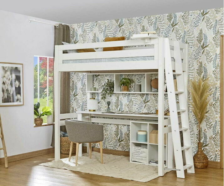 Lit mezzanine enfant Fynn blanc avec bureau (rangements en option)
