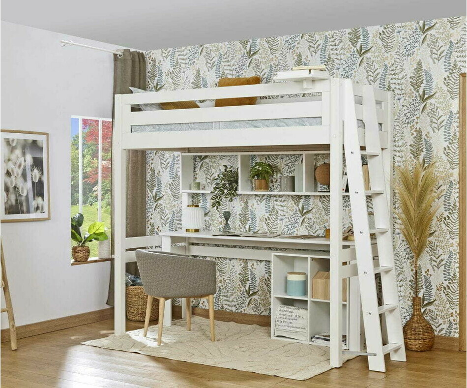 Lit mezzanine enfant Fynn blanc avec bureau (rangements en option)