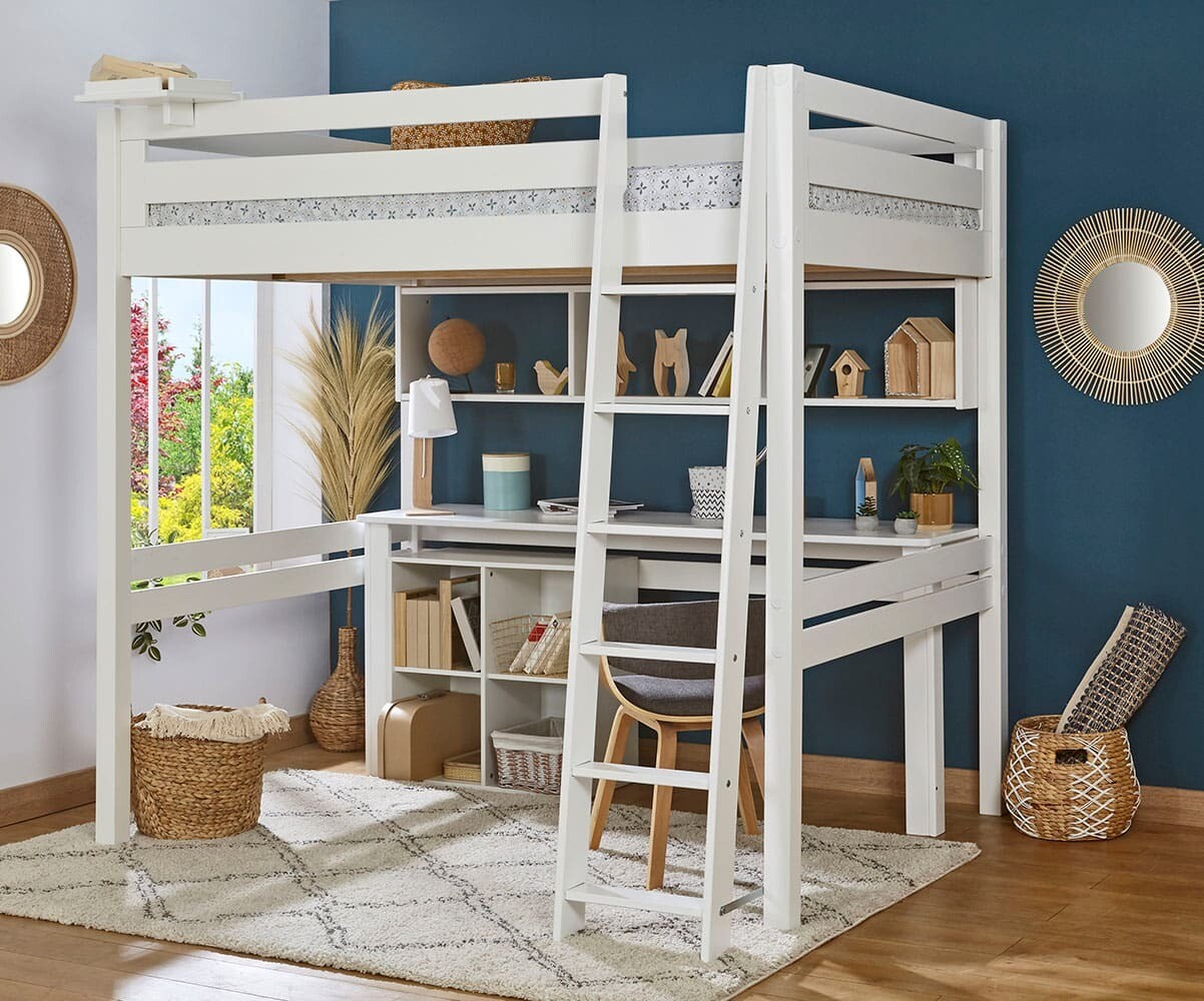 Lit mezzanine enfant 2 places avec bureau Fynn Blanc 120x190 cm/Opt:Echelle grand côté