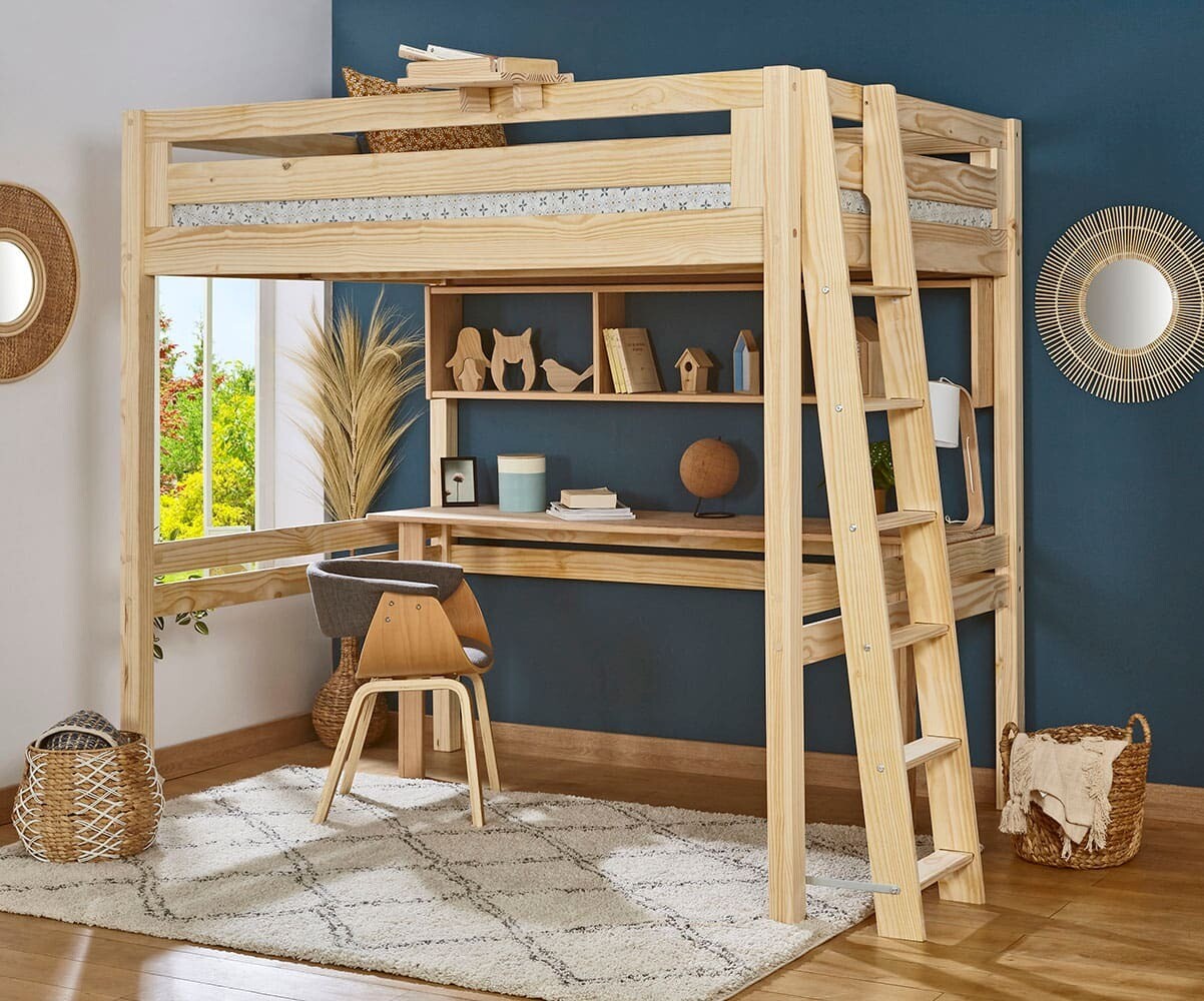 Lit mezzanine enfant 2 places avec bureau Fynn Bois naturel 120x190 cm/Opt:Echelle petit côté