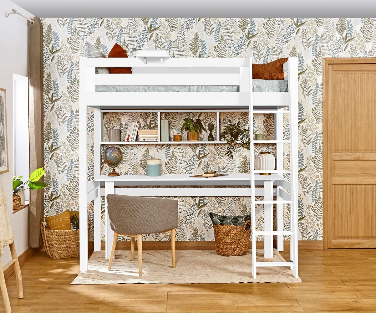 PROMO ! Lit mezzanine ado avec matelas Fynn Blanc 90x190 cm/Opt:Echelle grand côté