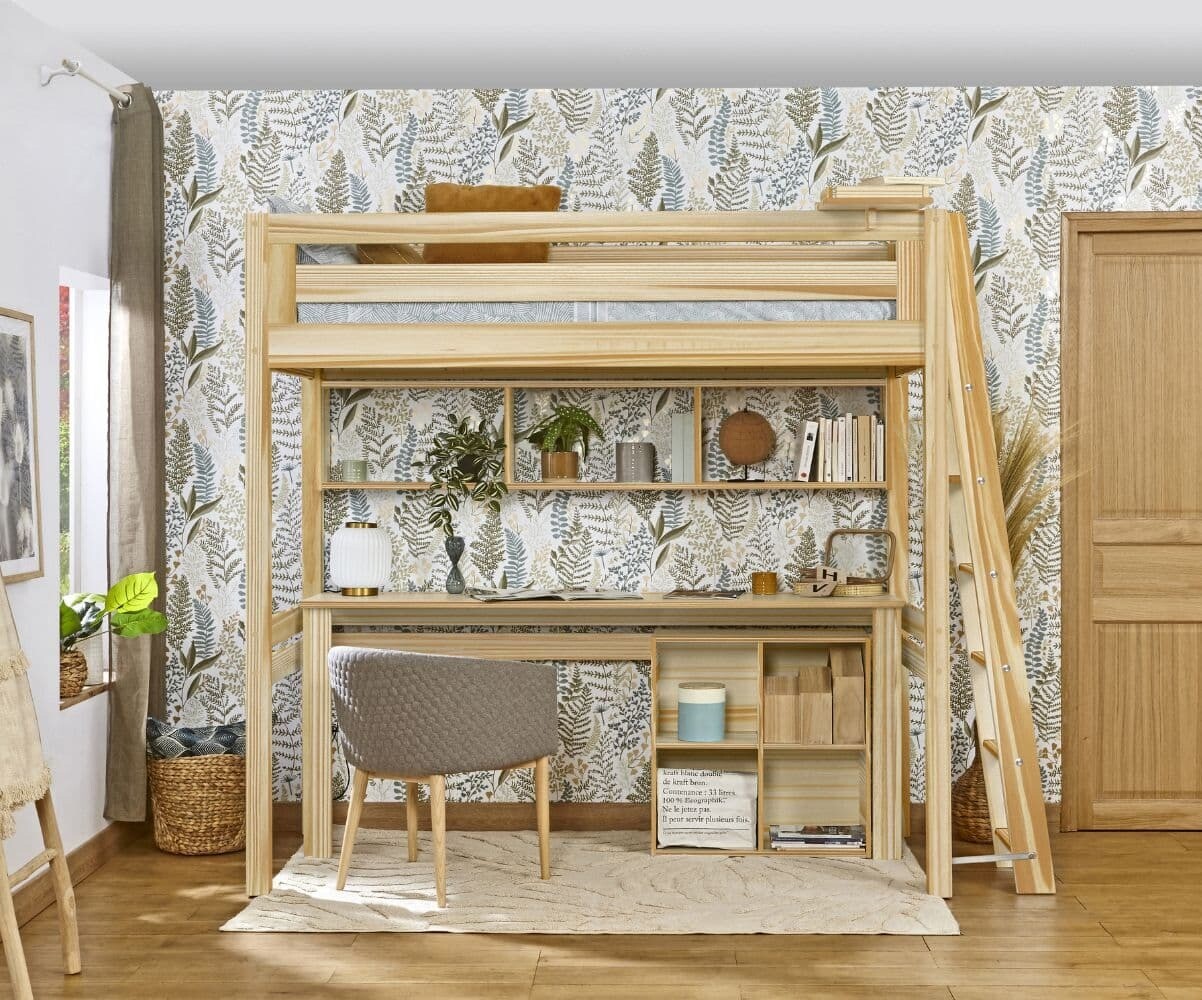 PROMO ! Lit mezzanine ado avec matelas Fynn Bois naturel 90x190 cm/Opt:Echelle petit côté