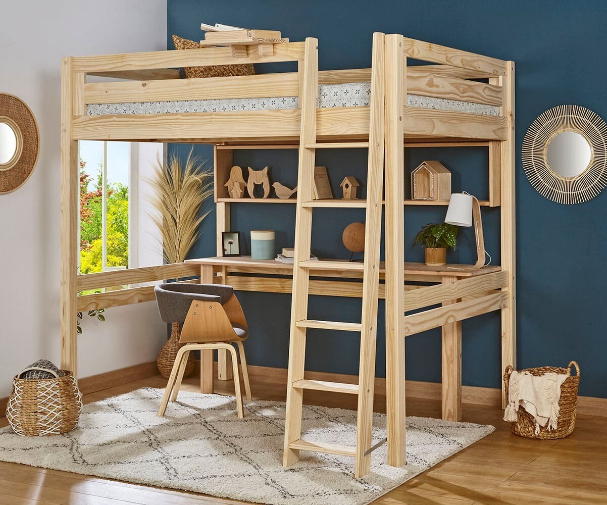 Lit mezzanine ado 2 places avec matelas Fynn Bois naturel 140x190 cm/Opt:Echelle grand côté
