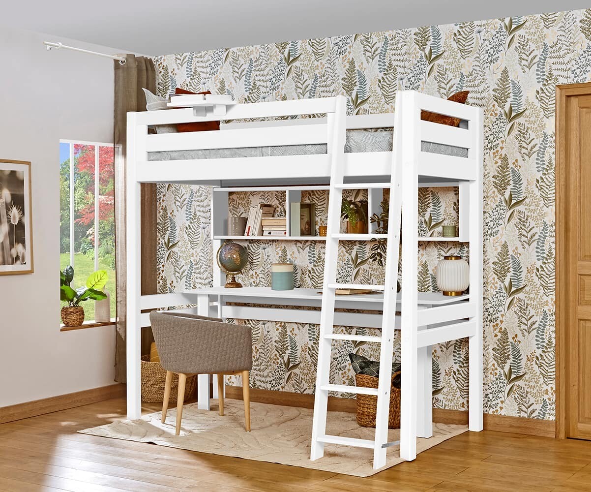 Lit mezzanine ado avec bureau Fynn Blanc 90x190 cm/Opt:Echelle grand côté