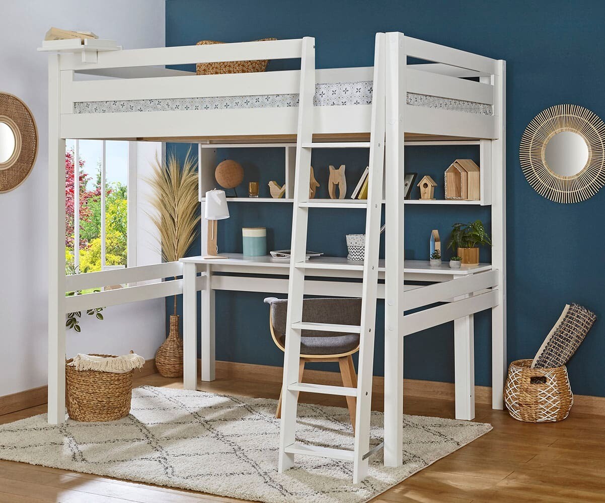 Lit mezzanine ado 2 places avec bureau Fynn Blanc 140x190 cm/Opt:Echelle grand côté