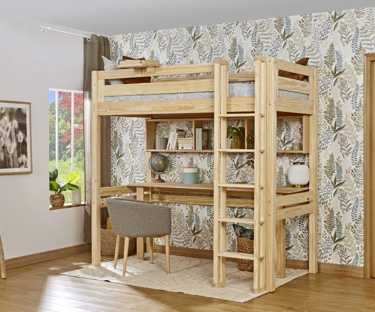 Lit mezzanine adulte 2 places avec bureau Cancun Bois naturel 120x190 cm/Opt:Echelle grand côté