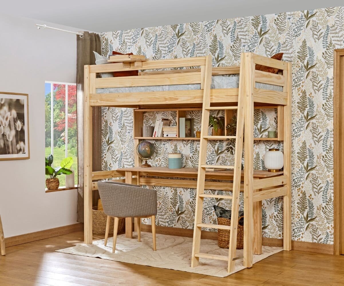 Lit mezzanine adulte avec bureau Fynn Bois naturel 90x190 cm/Opt:Echelle grand côté