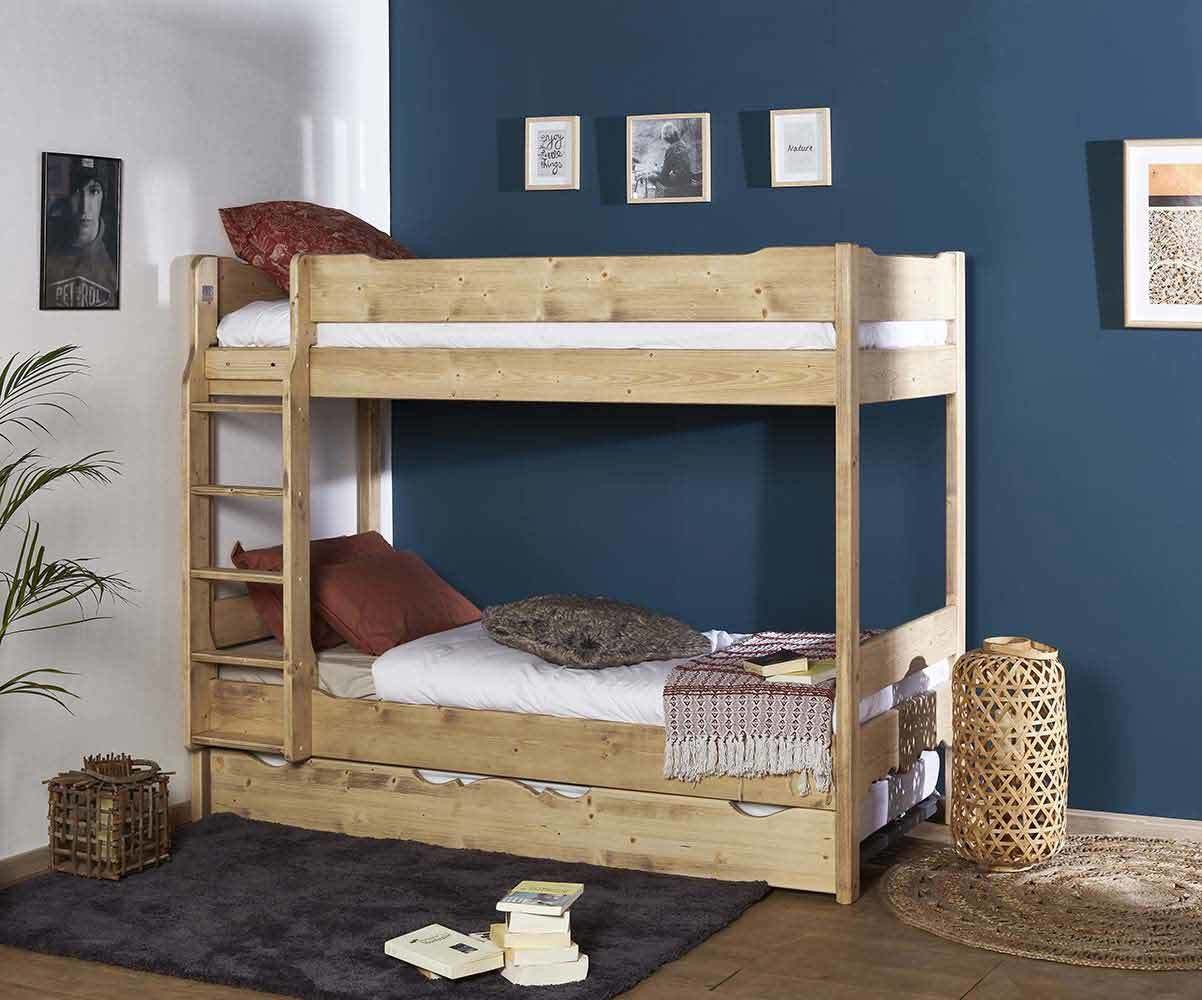 Lit superposé gigogne adulte 3 places Antee Bois 90x190 cm