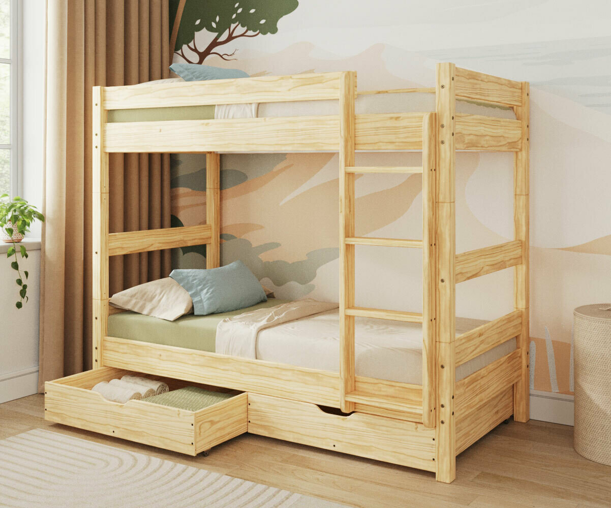 PROMO ! Lit superposé adulte avec tiroir Wood Bois naturel 80x190 cm/Opt:2 tiroirs