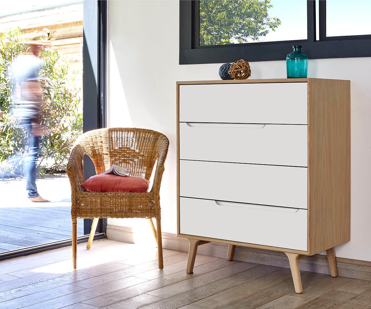 Commode adulte 4 tiroirs Volga Blanc et bois