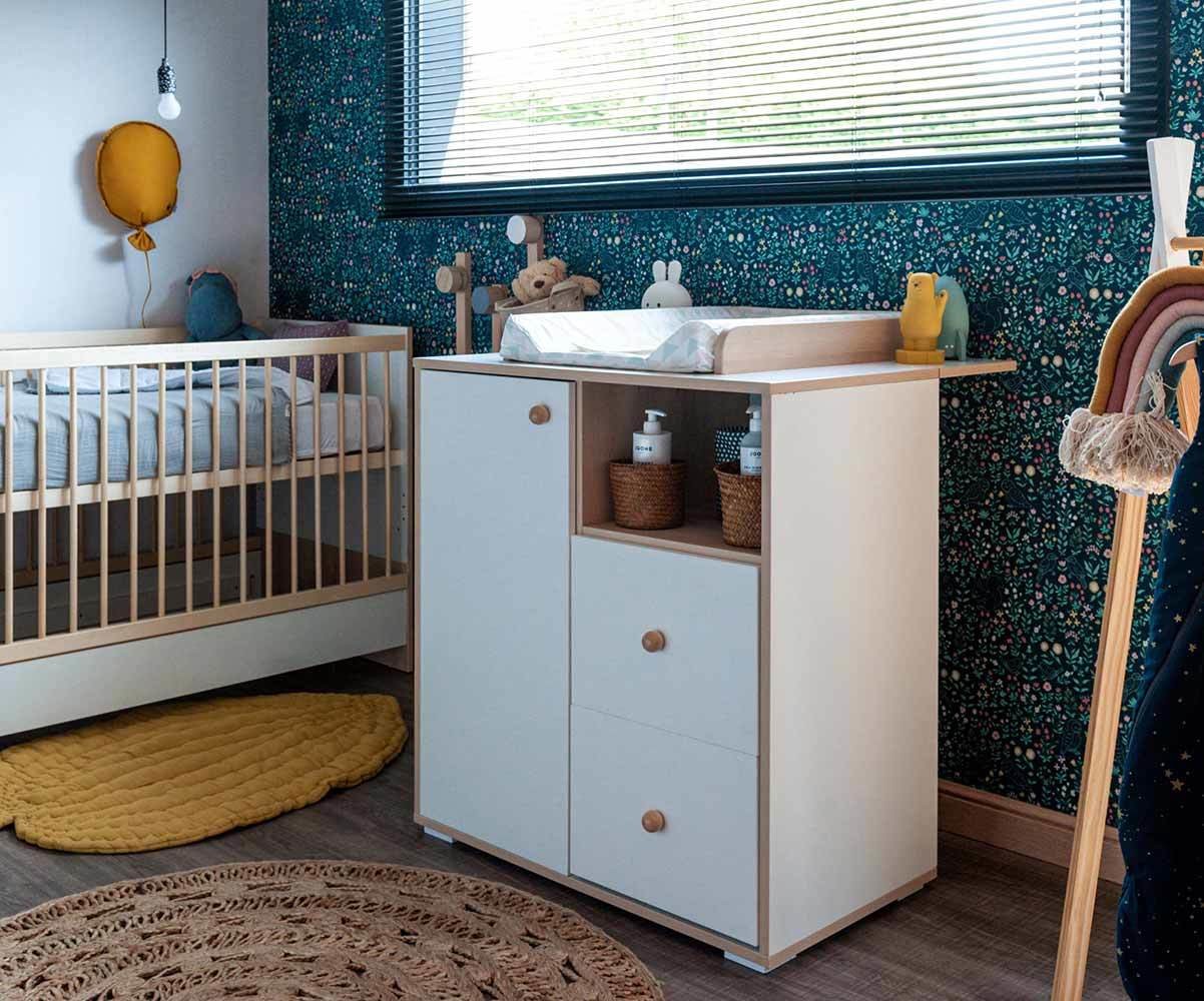 Chambre bébé Siki blanc : lit bébé, commode 3 tiroirs et plan à langer