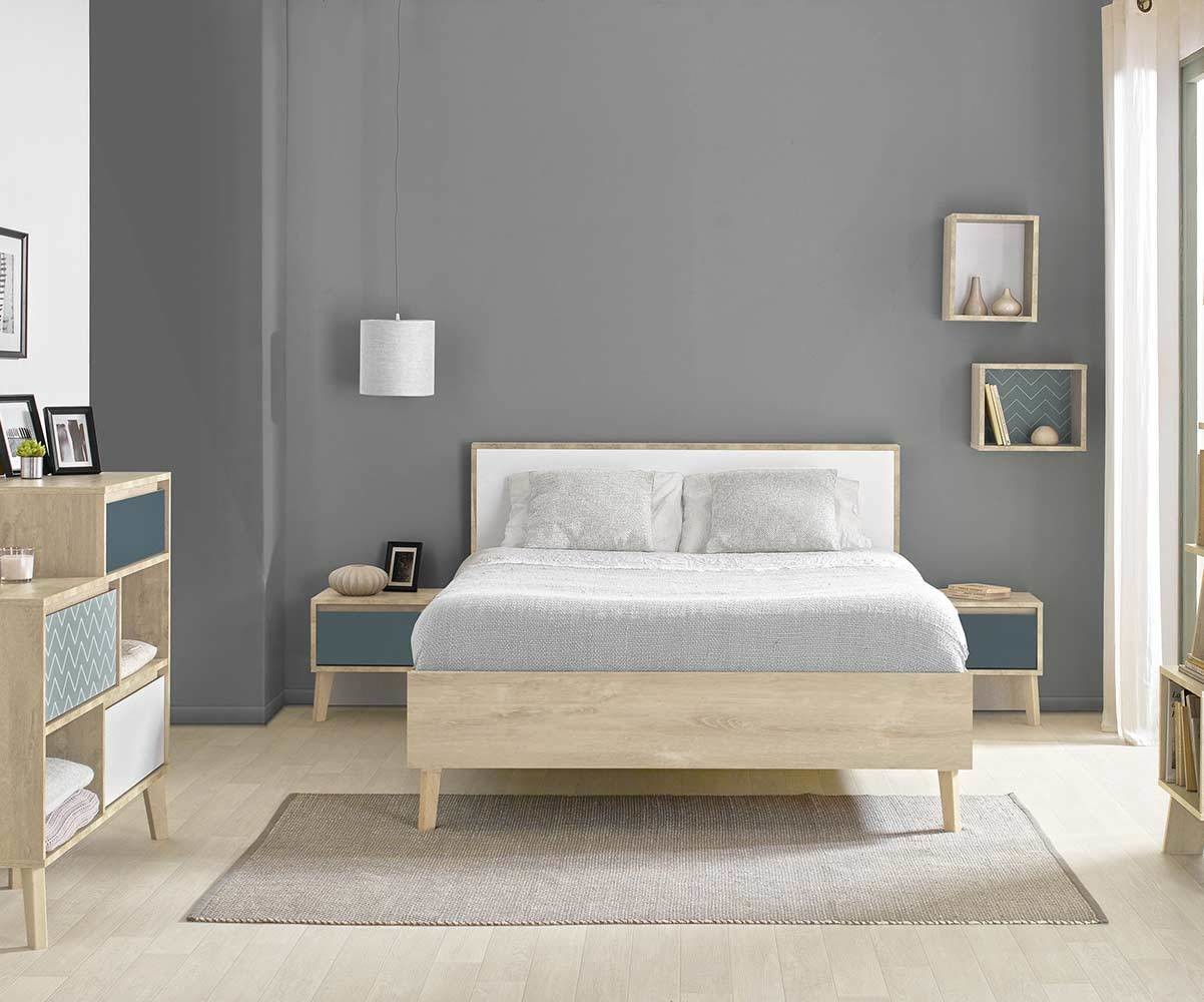 Lit adulte avec sommier et matelas Pearl Blanc et bois 140x190 cm