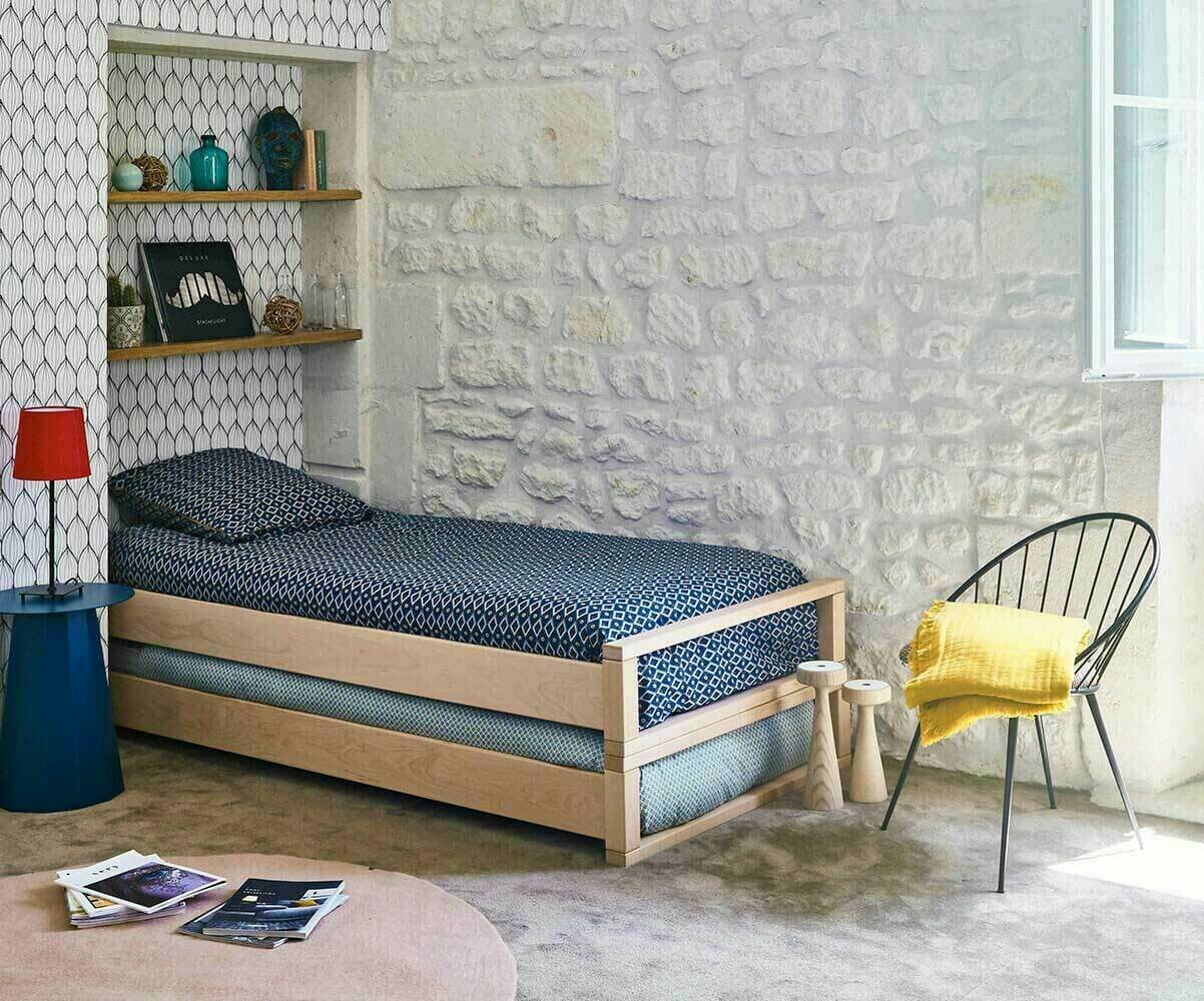 Lits gigognes ado empilables avec 2 matelas Pocus Bois naturel 90x190 cm/Opt:Matelas Airfresh 15 cm