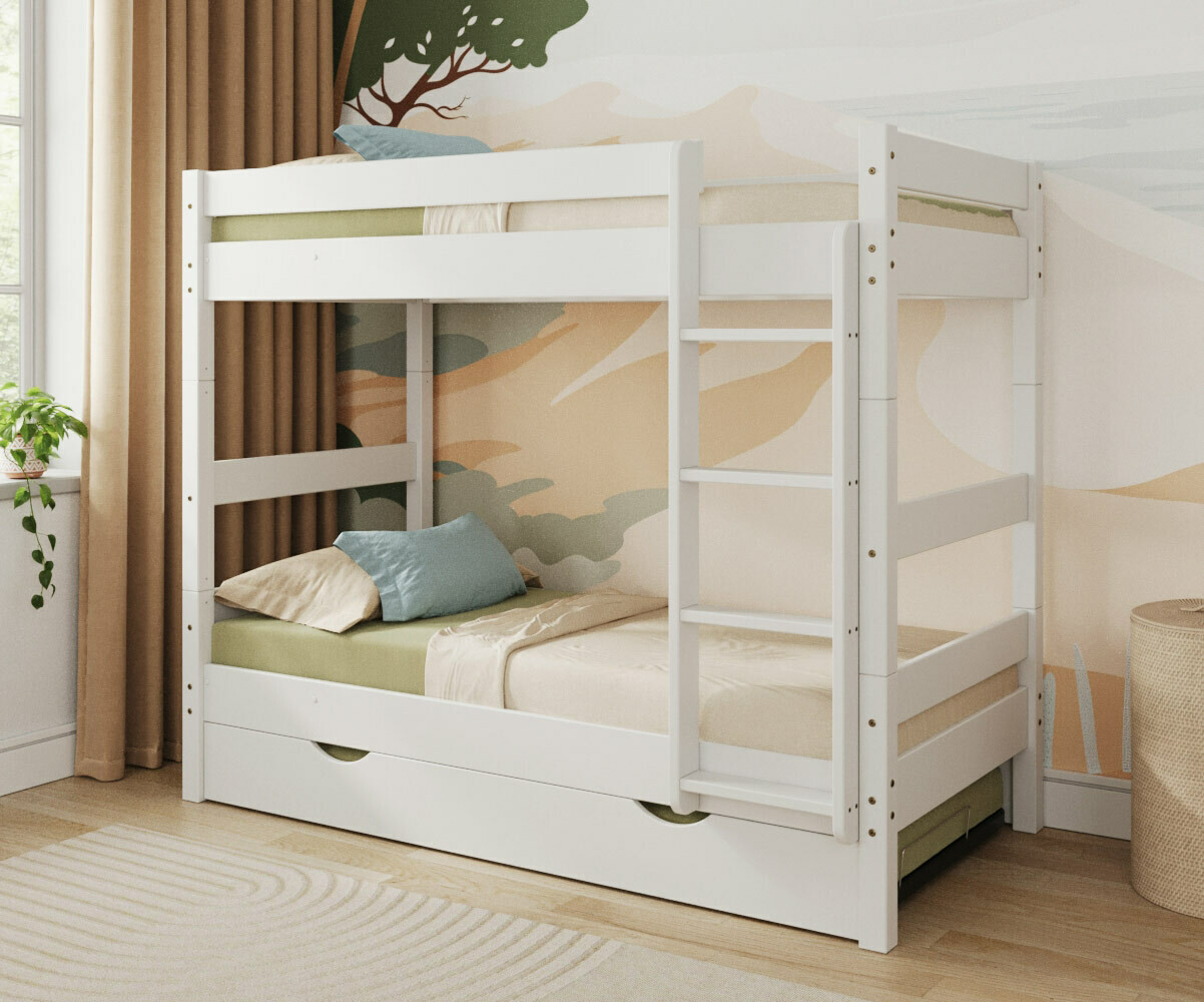 PROMO ! Lit enfant superposé avec sommier gigogne Wood Blanc 90x190 cm