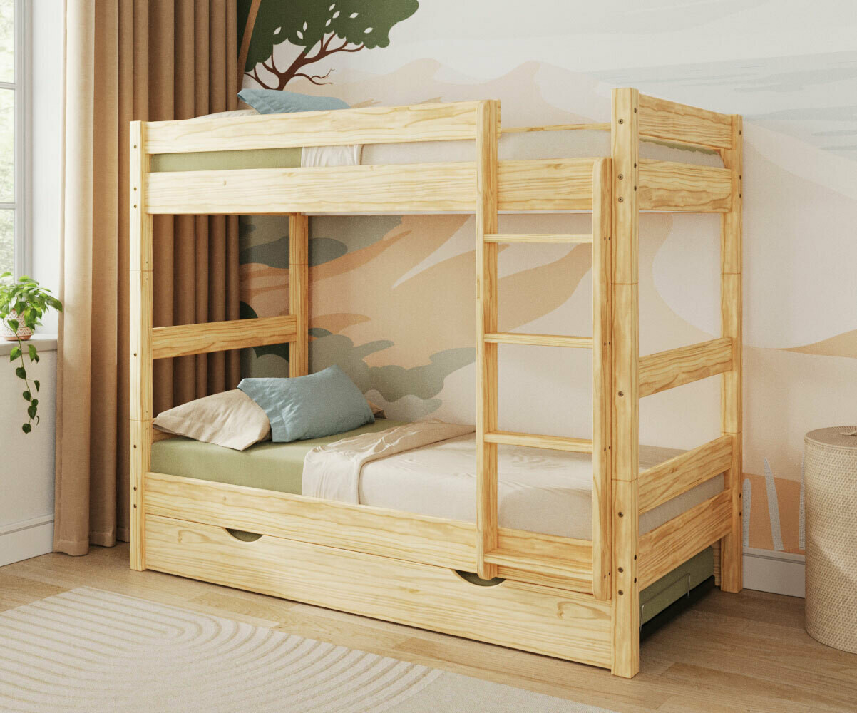 PROMO ! Lit ado superposé avec sommier gigogne Wood Bois naturel 90x190 cm