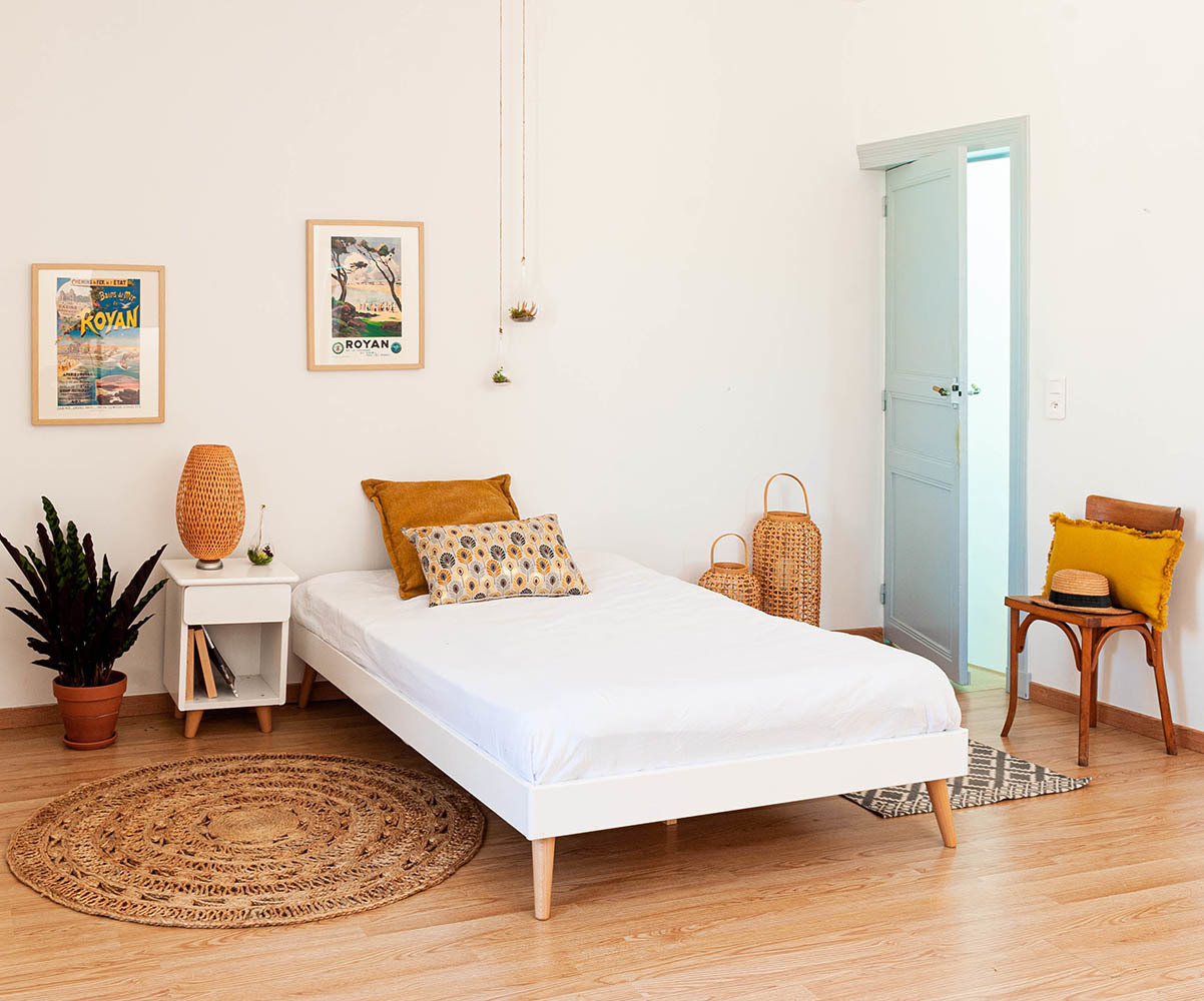 Lit adulte avec sommier et pieds Honey Blanc 90x190 cm