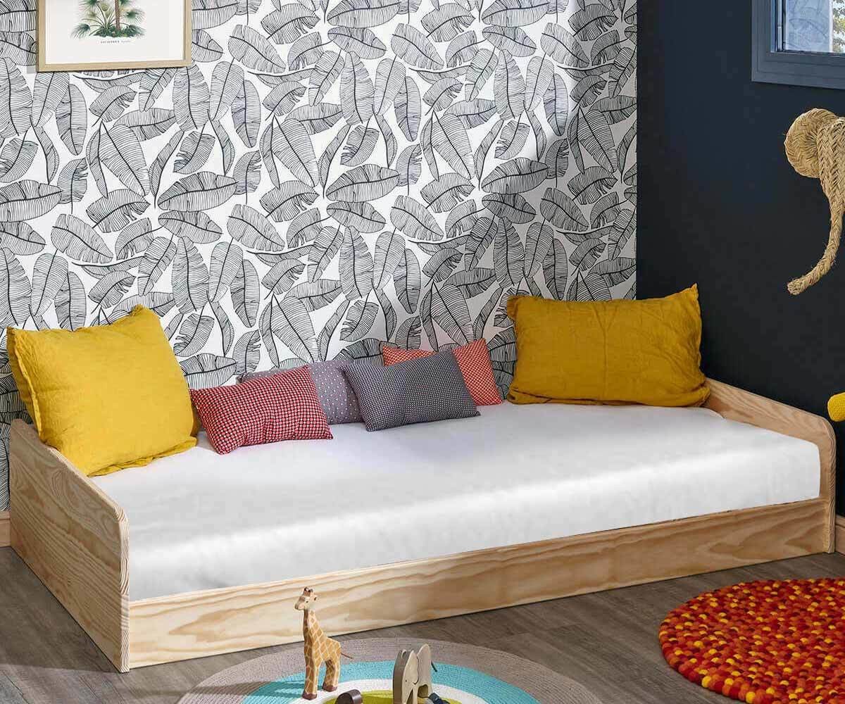 Lit enfant avec barrière, sommier et matelas Octave Bois naturel 90x190 cm/Opt:Matelas Airfresh 15 cm