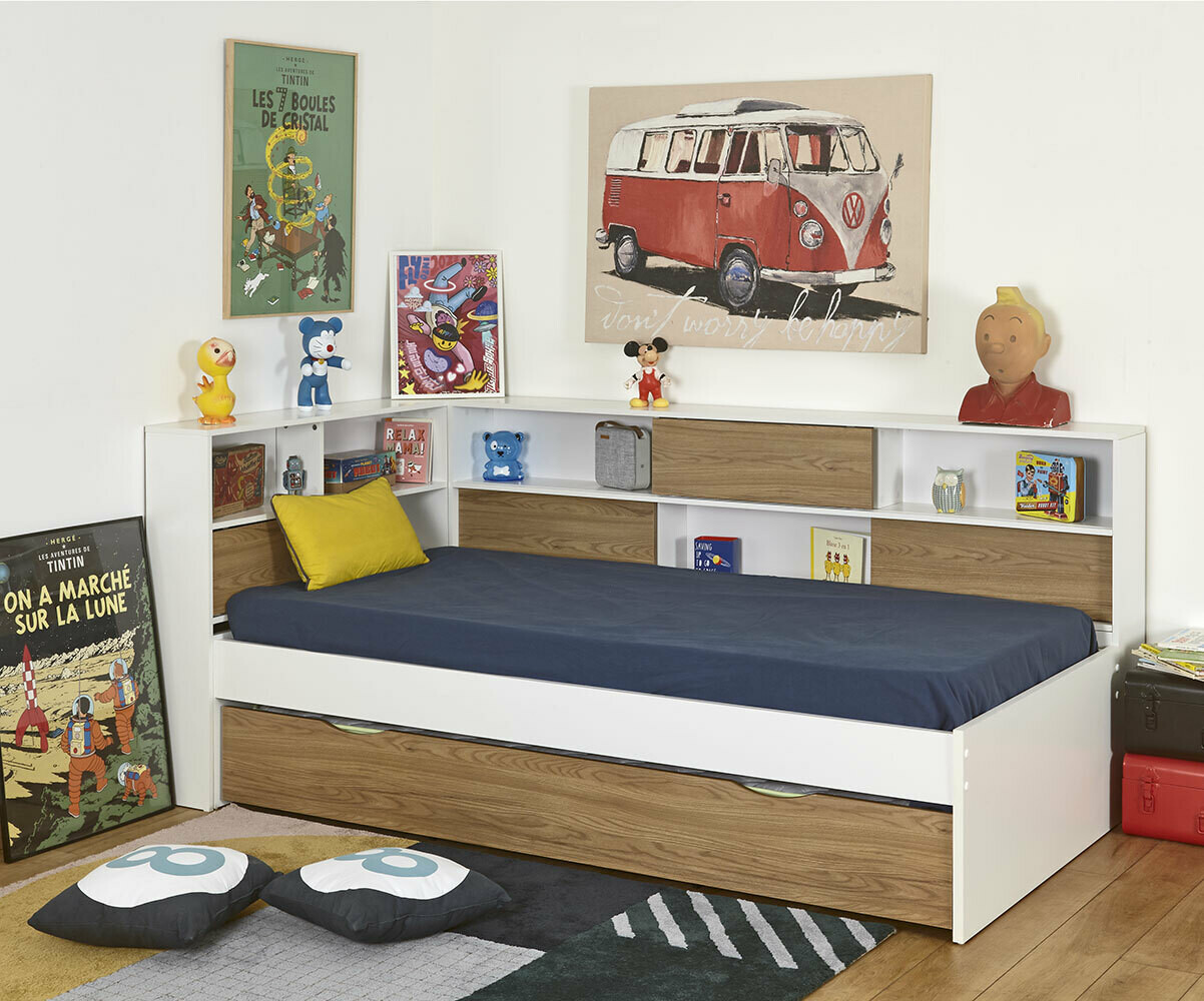Lit ado avec rangements et matelas Mino Blanc et bois 90x190 cm/Opt:Matelas Airfresh 15 cm