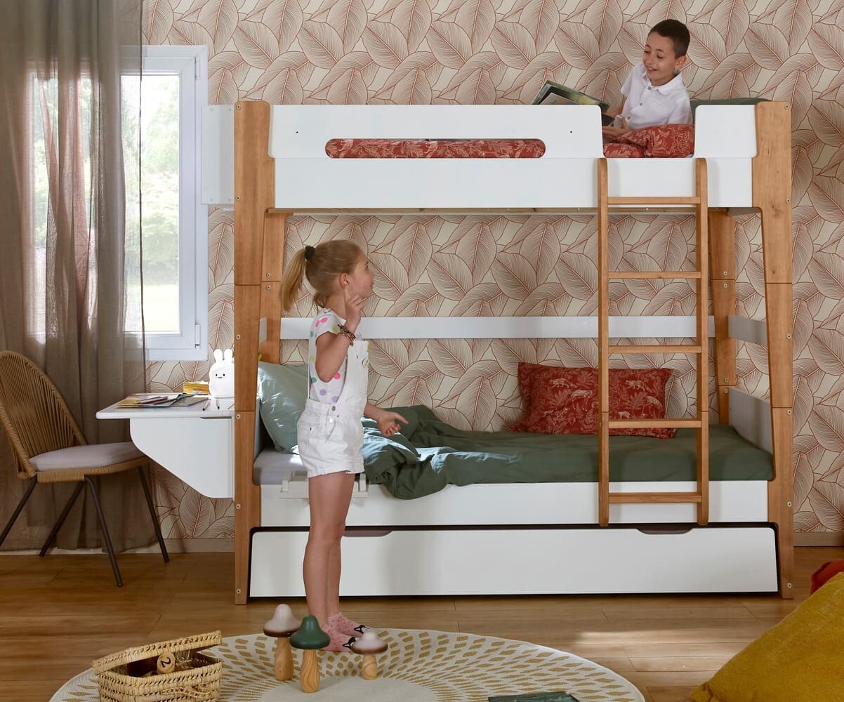 Lit superposé enfant modulable avec 2 matelas Tallinn Blanc et bois 90x190 cm/Opt:Matelas Norway 13 cm