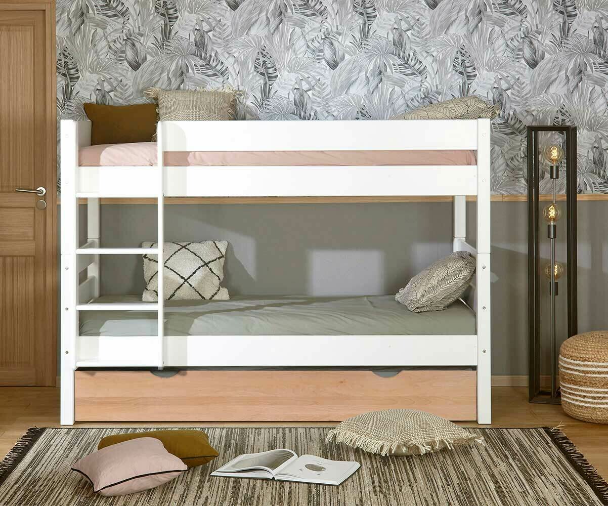 Lit superposé bas gigogne adulte 3 places 1,2,3 Blanc et hêtre 90x200 cm