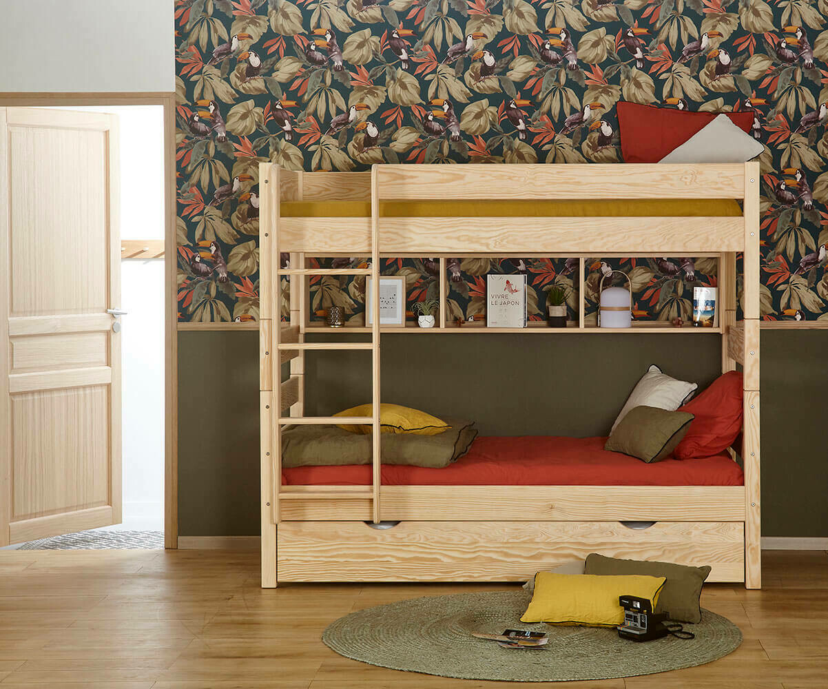 Lit superposé enfant haut 1,2,3 Bois naturel 90x190 cm