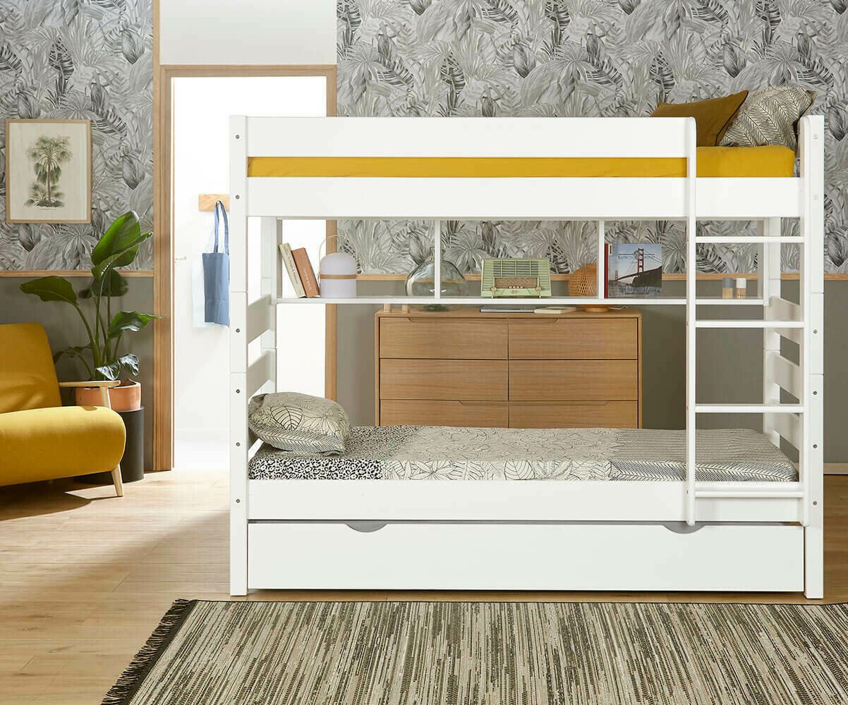 Lit superposé enfant haut avec 2 matelas 1,2,3 Blanc 90x200 cm/Opt:Matelas Airfresh 15 cm