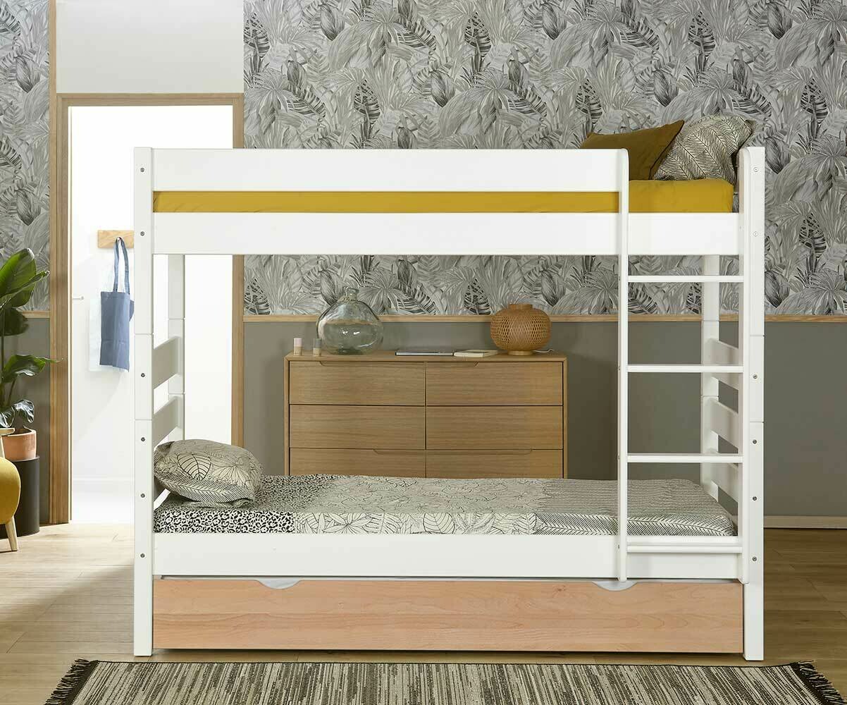 Lit superposé haut gigogne adulte 3 places 1,2,3 Blanc et hêtre 90x190 cm