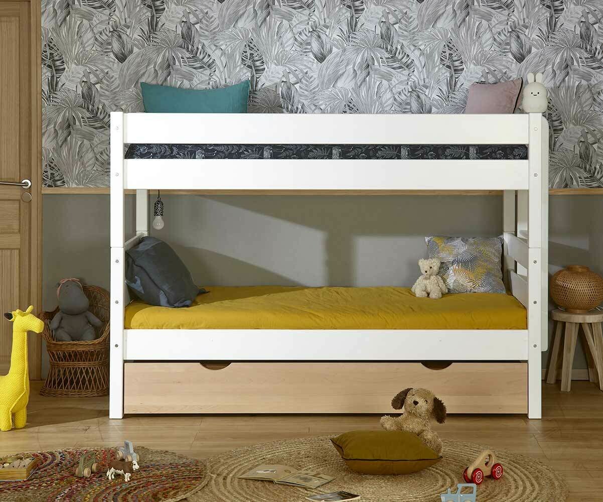 Lit superposé bas gigogne enfant 3 places Kids Blanc et hêtre 90x190 cm