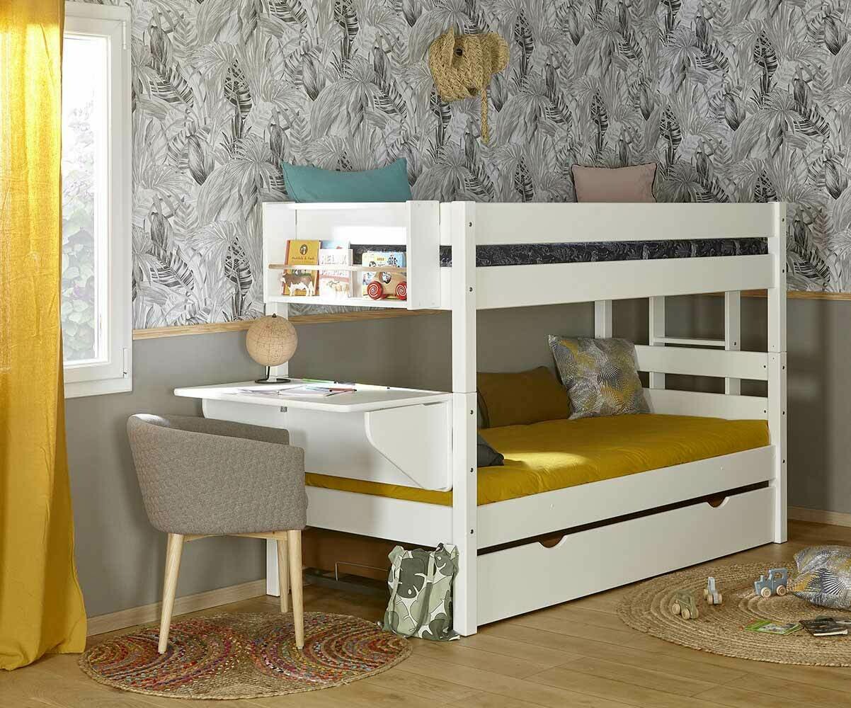 Lit superposé enfant bas avec bureau Kids Blanc 90x200 cm