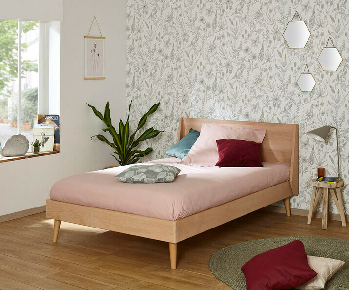 Lit Ado avec Sommier et Matelas - Pia. Couchage Double, Bois Massif