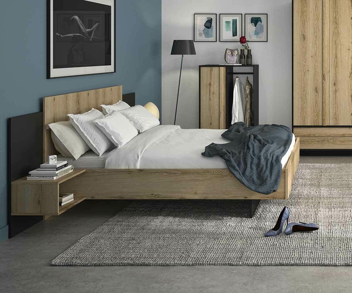 Lit adulte avec chevets, sommier et matelas Nao Noir et chêne 140x190 cm