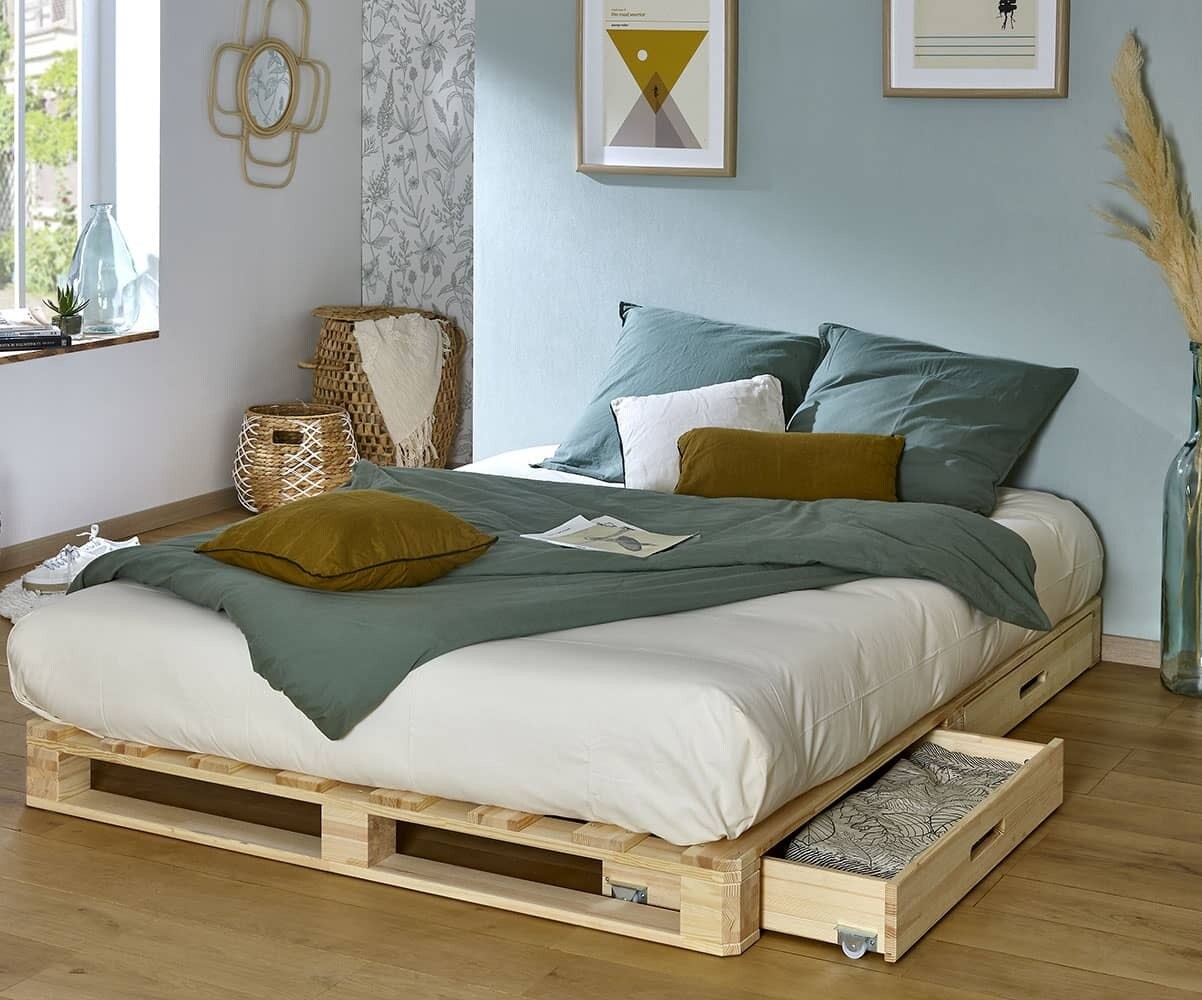 Lit palette adulte avec matelas Aro Bois naturel 140x200 cm/Opt:2 tiroirs
