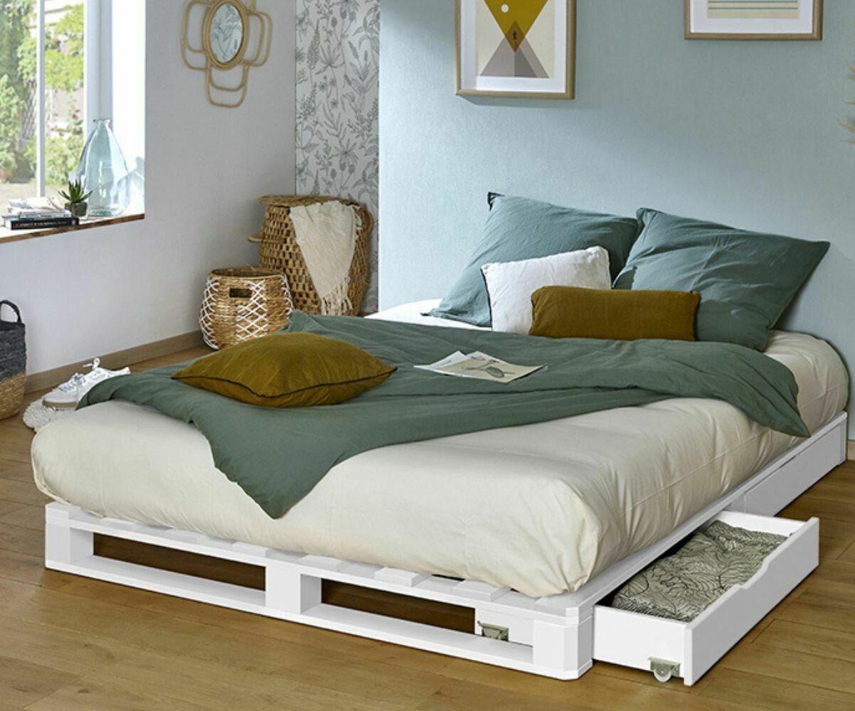 Lit palette adulte avec matelas Aro Blanc 160x200 cm/Opt:4 tiroirs