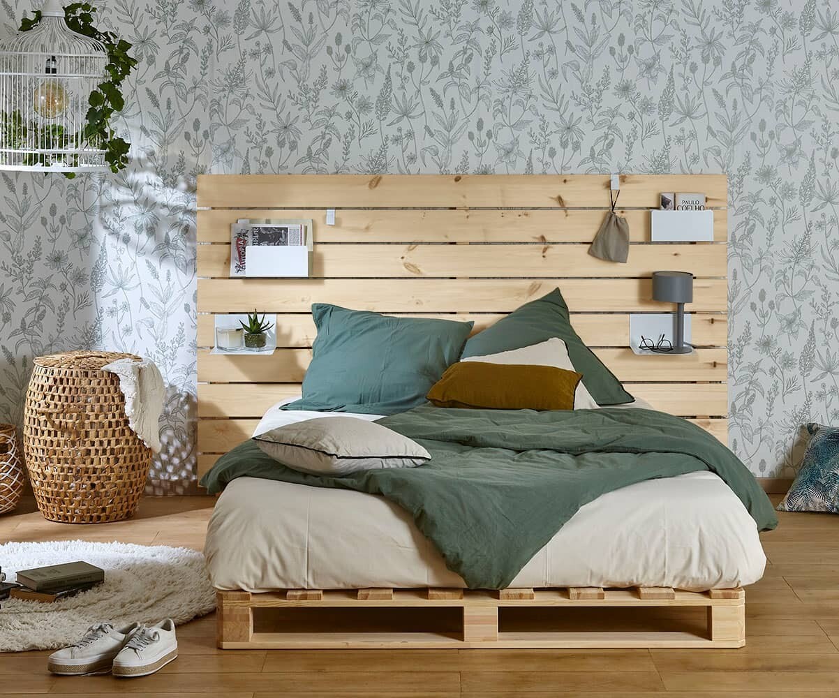 Lit palette ado avec tête de lit et matelas Aro Bois naturel 140x200 cm/Opt:2 tiroirs