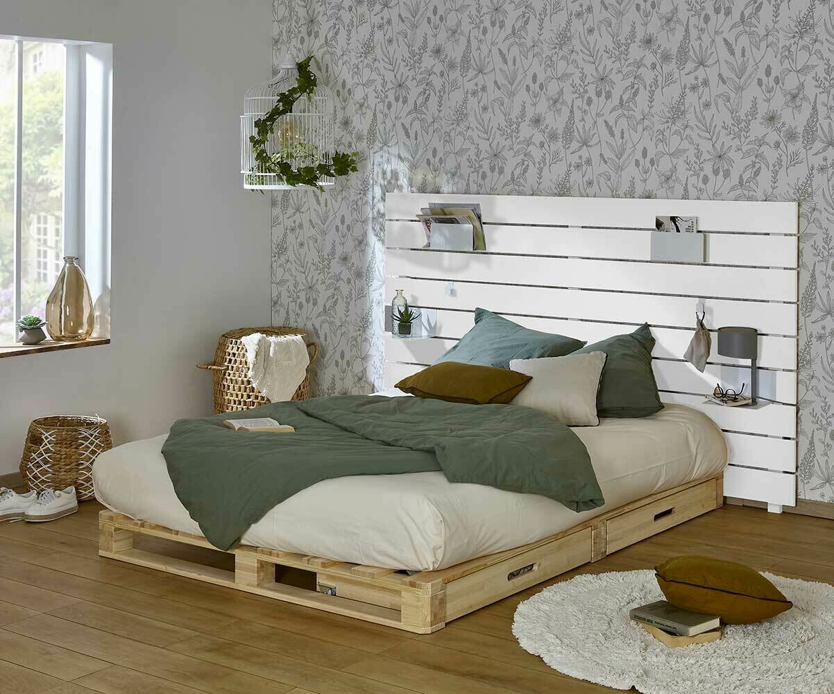 Lit palette ado avec tête de lit et matelas Aro Bois et blanc 140x200 cm/Opt:2 tiroirs
