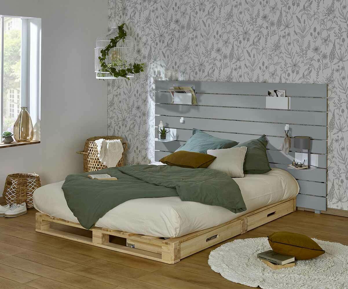 Lit palette ado avec tête de lit et matelas Aro Gris et bois 140x200 cm/Opt:2 tiroirs
