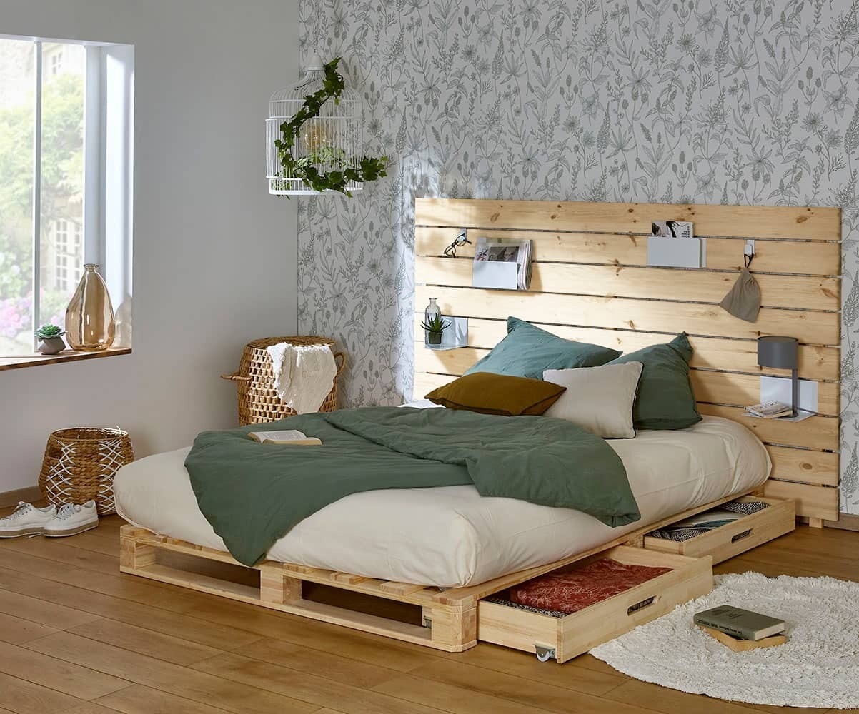 Lit palette adulte avec tête de lit Aro Bois naturel 140x200 cm/Opt:2 tiroirs