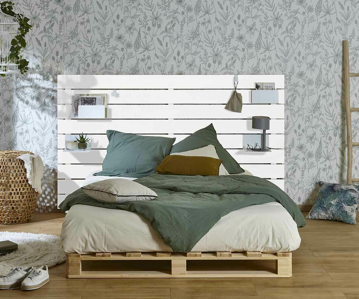 Lit palette adulte avec tête de lit Aro Bois et blanc 140x200 cm/Opt:2 tiroirs