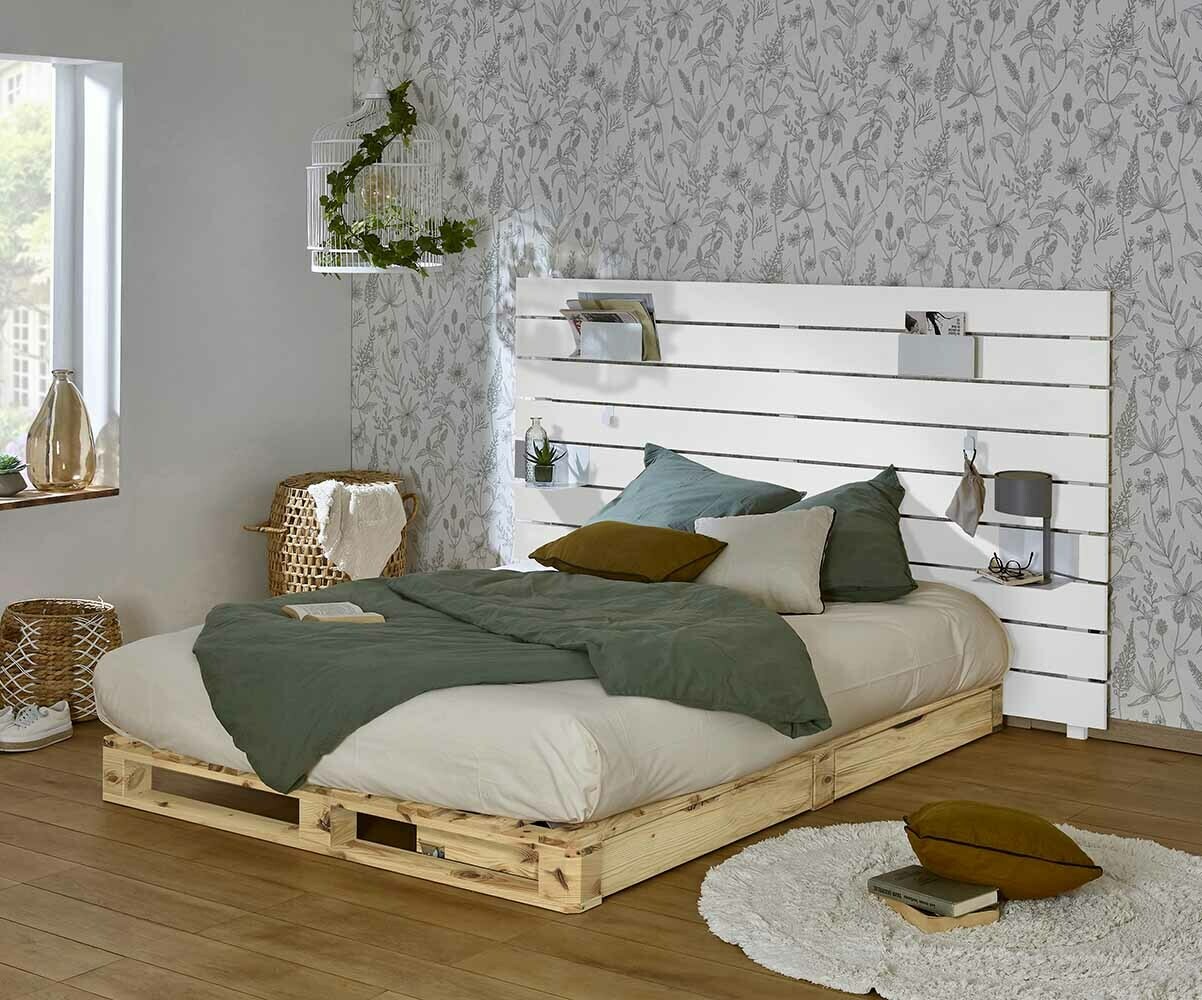Lit palette adulte avec tête de lit et matelas Aro Bois et blanc 160x200 cm/Opt:4 tiroirs