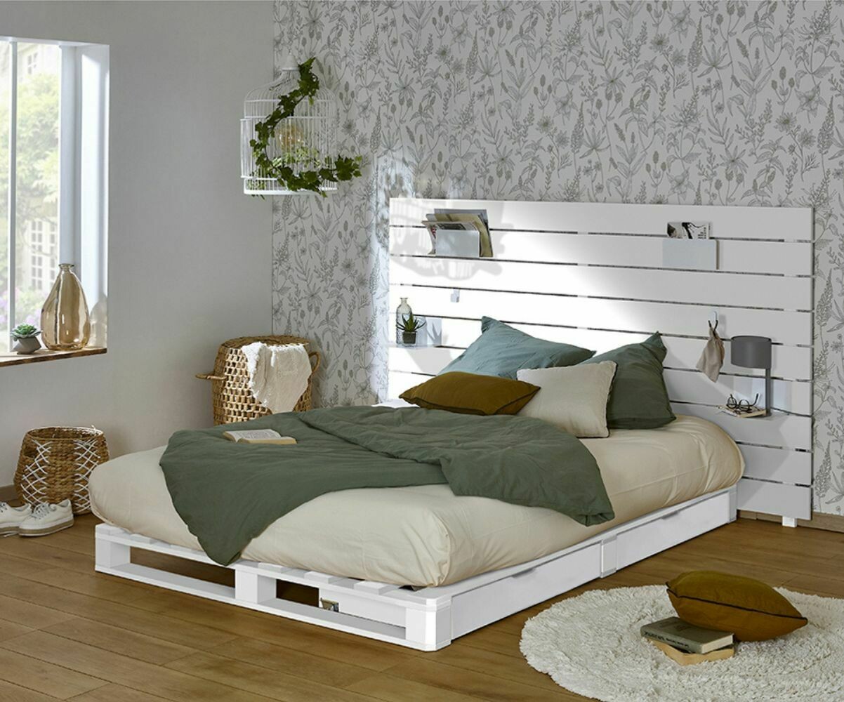 Lit palette adulte avec tête de lit et matelas Aro Blanc 160x200 cm/Opt:4 tiroirs