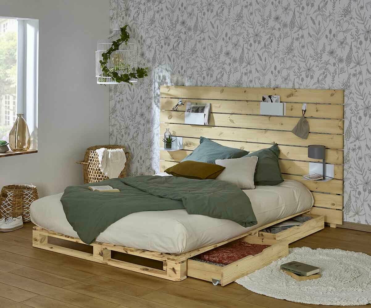 Lit palette adulte avec tête de lit et matelas Aro Bois naturel 160x200 cm/Opt:4 tiroirs